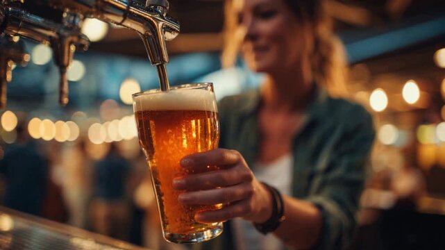 Professional female bartender serving a pint of fresh cold beer from the tap into a glass, with a nice creamy foam head, in a cozy pub with warm lights and a blurred crowd in the background