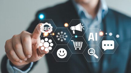 Man Interacting with AI Interface in Modern Futuristic Design with Bright Blue Lighting for Technology Advertising