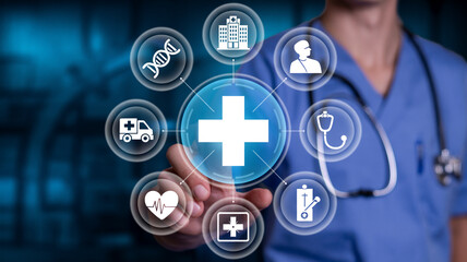 Medical Professional with Virtual Health Icons in Blue Scrubs with Stethoscope in Futuristic Digital Interface for Healthcare Technology