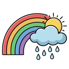 Fototapeta premium A vibrant rainbow arcs across the sky with a bright sun peeking from behind a fluffy cloud dropping rain.