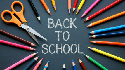Back to School Stationery in Colorful Pencils and Scissors on Dark Background in Bright Lighting for Education