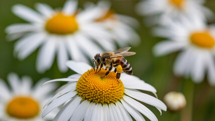 Bee on daisy in warm sunlight with soft focus for gardening magazine
