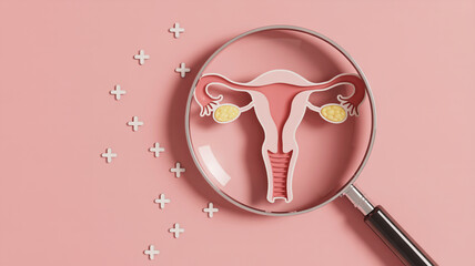 Uterus Anatomy Illustration in Minimalist Style with Soft Pink Color and Magnifying Glass for Medical Education