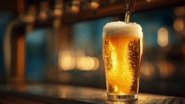 Fresh golden beer pouring from a tap into a pint glass on a bar counter, with a frothy head forming and bubbles rising in a beautifully lit pub environment with a soft focus background
