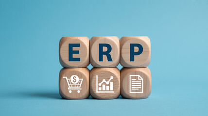 ERP System Blocks in Modern Minimalist Style with Blue Letters and White Icons on Wooden Cubes in Soft Natural Lighting for Business Management