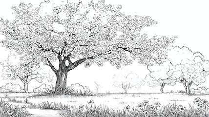 Vibrant Cherry Blossom Park Spring Landscape Vector Illustration