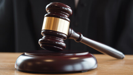 Judges Gavel in Dark Wooden Texture with Gold Accent in Dramatic Lighting on Lawyers Desk for Legal Proceedings