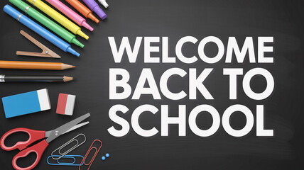 Welcome Back to School Text with Colorful Stationery on Blackboard Background in Bright Vibrant Colors for Educational Advertising