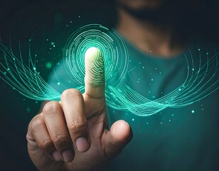 Finger with glowing green fingerprint scanner and abstract digital waves, representing biometric security