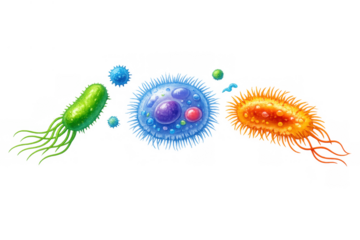 Different types of microorganisms floating on transparent background, representing bacteria, virus, and protozoa cells