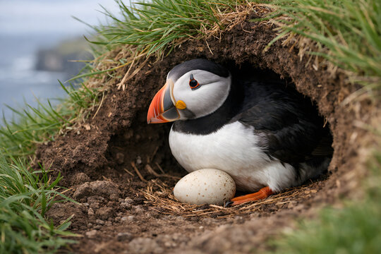 Ultra-realistic wildlife photo of an Atlantic puffin guarding its egg at a nesting burrow on a grassy Icelandic cliff in summer. Natural light, sharp focus, authentic breeding behavior.