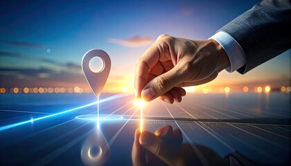Business hand placing digital marker on futuristic map interface with cityscape background