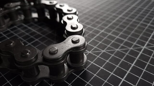 loop of a metal roller chain on a black cutting mat, close-up.