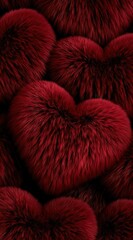 Deep rich burgundy red faux fur heart shapes creating a luxurious textured background pattern