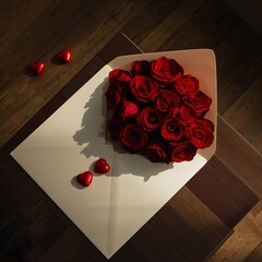 Dark red floral bouquet with red hearts in a beige envelope.