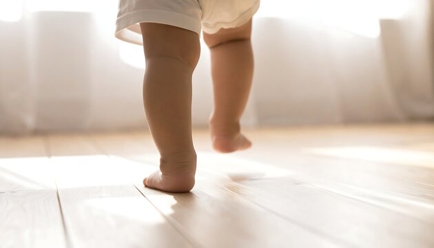 室内の床を一歩ずつ歩く幼い子どもの足元が成長の瞬間を表す情景