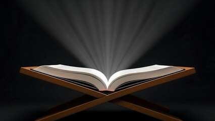 Fototapeta premium Open book on wooden stand with radiant light beams in dark spiritual setting