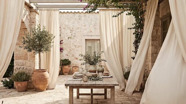 Wind blowing through an outdoor patio with a dining table and potted plants, showing resort living