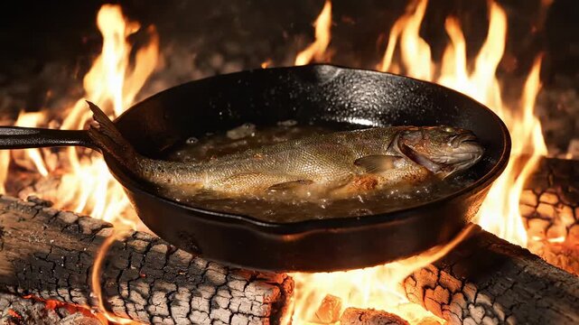 Freshly caught fish is fried on the fire. Fish sizzles in a cast iron skillet, surrounded by open flames