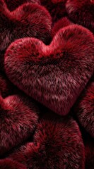 Luxurious crimson faux fur hearts create a rich texture perfect for romantic holiday backgrounds