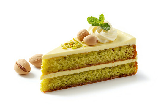 Fetta di torta al pistacchio con crema e granella isolata su sfondo bianco. Generative AI