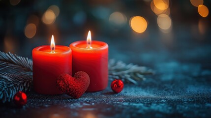 Romantic Valentine Candles with Red Hearts and Copy Space