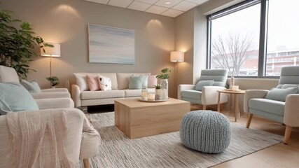 Tranquil maternal care lounge featuring gentle pastel colors and plush furnishings creating a soothing environment for mental health support.