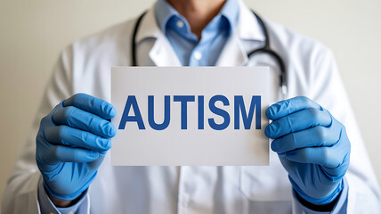 Medical Professional in Blue Gloves Holds an 'AUTISM' Sign, Symbolizing Awareness, Support, and Neurological Disorder Understanding