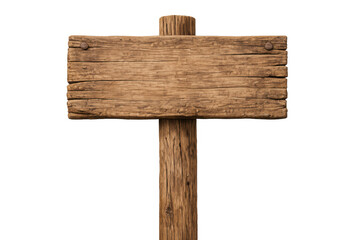 Blank wooden sign mounted on a post, offering copy space for text. Rustic timber texture with transparent background