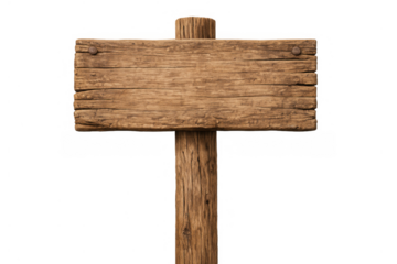 Blank wooden sign mounted on a post, offering copy space for text. Rustic timber texture with transparent background