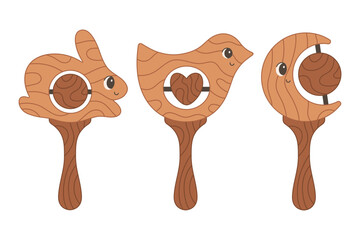 Cute wooden rattles toys for newborn and infants. Flat vector illustration