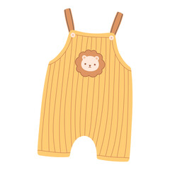 Cute yellow overall with lion for babies. Newborn and infants cloth. Flat vector illustration