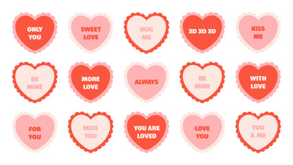 Cute candy hearts collection with romantic messages engraved on surface. Hearts with various inscriptions. Valentine's day elements. Flat vector illustration