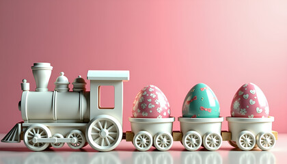 Decorative white toy train carrying colorful patterned Easter eggs against a soft pink background for spring holiday promotions, nursery decor advertising or seasonal greeting card designs. High