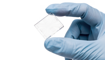 Gloved hand carefully holding a transparent nanofluidic chip highlighting delicate channels used in cuttingedge medical viscosity research.