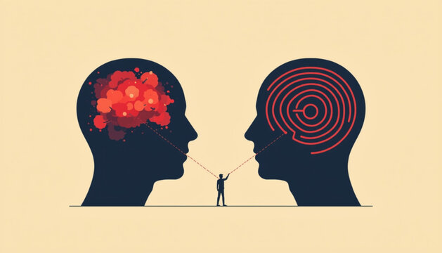 Illustration of two human heads facing each other with a person standing between them, one head with a brain and the other with a spiral pattern on a beige background mental health