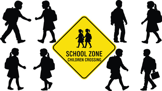 school zone sign with silhouettes of children walking across the street