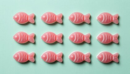 Fototapeta premium Neatly Arranged Shaped Candy on Mint Background in Fish Design