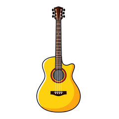 Obraz premium A highly stylized, minimalist acoustic guitar with a vibrant yellow body, dark brown neck, and red/white sound hole, against a transparent background with copy space, in a flat cartoon style. Concept