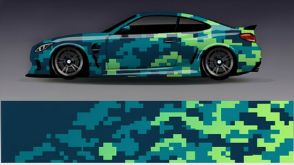 Modern sports car with a vibrant digital camouflage wrap design, showcasing a pixelated pattern in blue, teal, and lime green hues. © DB stock