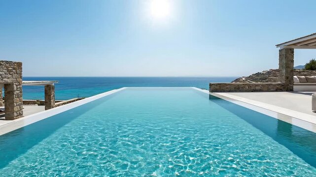 Infinity pool with clear blue water and ocean view. Luxury mediterranean resort villa with outdoor patio area and sunny sky.