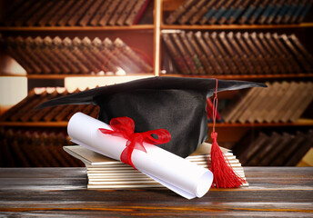 Diploma, graduate cap and notebooks on wooden table in library. Scroll with red ribbon