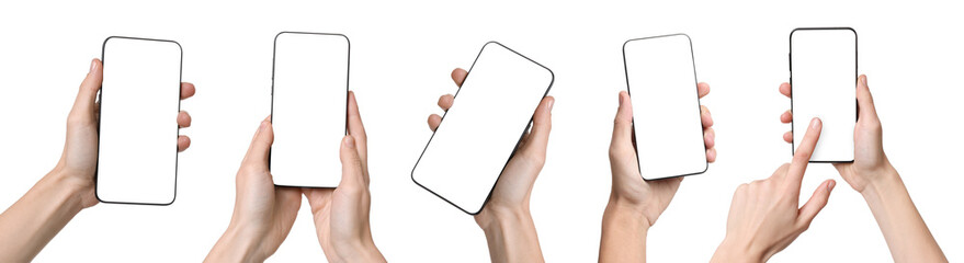 People holding mobile phones with blank screens on white background, set
