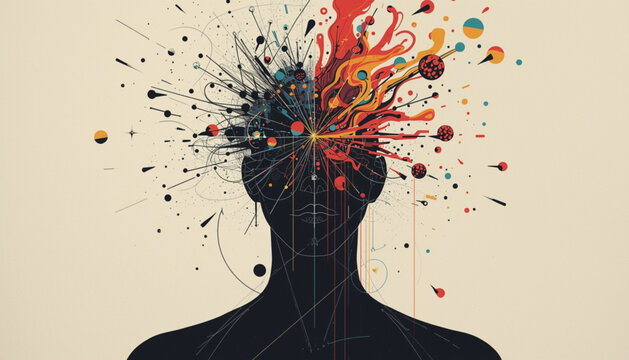 A creative illustration of a persons head with colorful splatters and lines coming out of it representing a burst of ideas and thoughts in the mind mental health