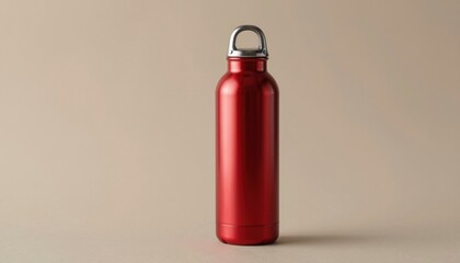 Metallic Red Water Bottle on Beige Background
