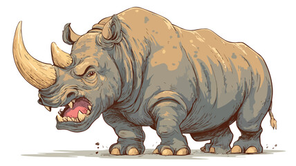 Fototapeta premium Fierce Angry Rhino Cartoon Vector with Outline on White Background