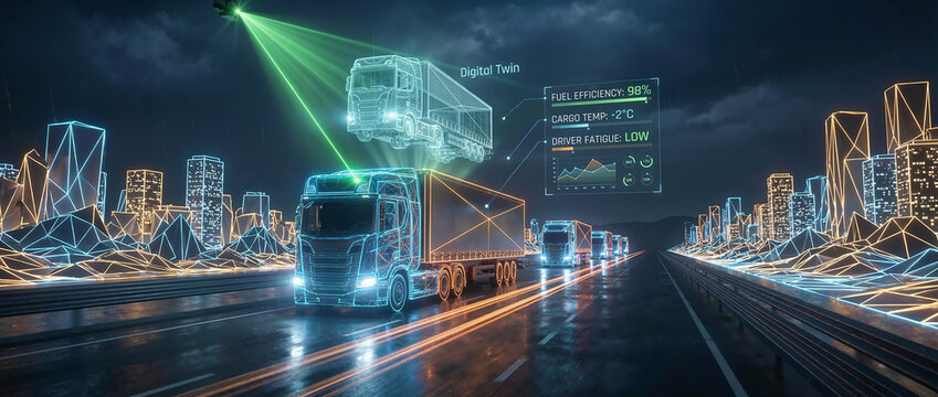 Heavy semi-truck with a floating digital twin hologram and driver fatigue monitoring system on a futuristic dark rainy road