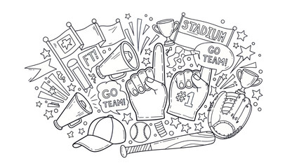 Sports celebration illustration megaphone flags foam finger baseball elements