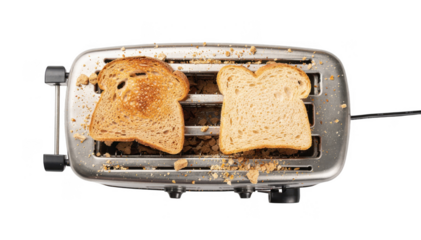 Overhead view of shared toaster with visible crumbs near glutenfree bread illustrating crosscontamination risks in kitchen hygiene on a clean white background.