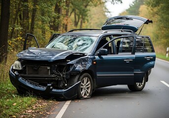 Damaged dark blue car sits on the side of a rural road after an accident